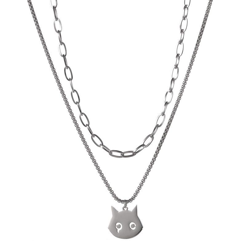 Stackable Double Layer Cat Pendant Necklace - Titanium Steel Chain for Men, Women & Boys