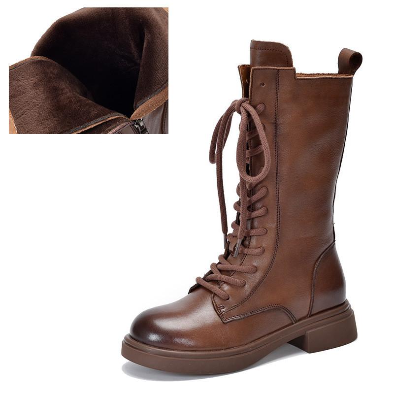 

Johnature Сапоги до середины икры из натуральной кожи, Сапоги из плюшевого хлопка, Сапоги в британском стиле на шнуровке, Женские сапоги 37-Plush коричневый