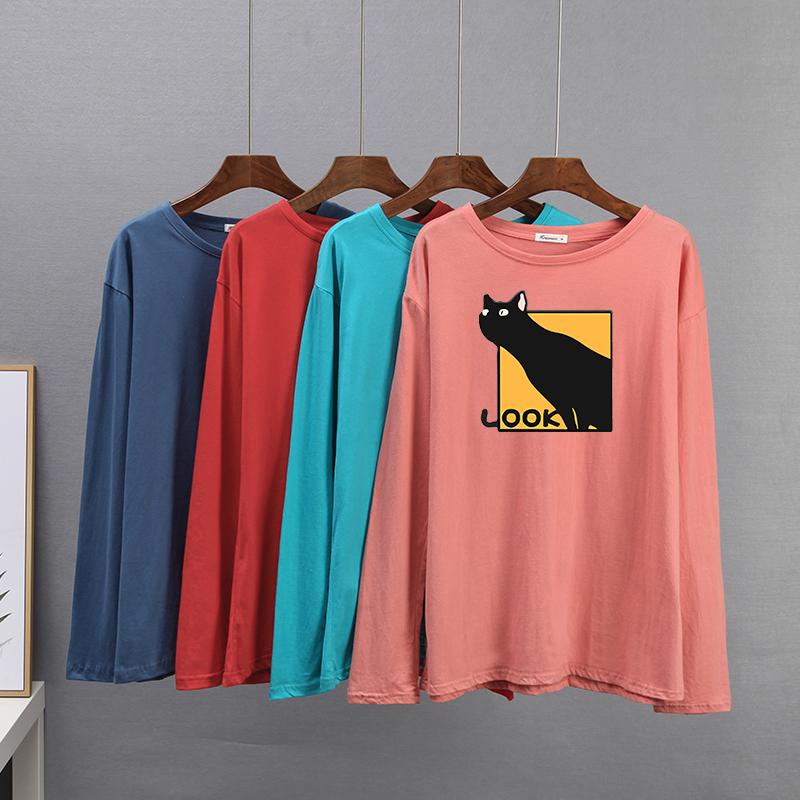 Hirsionsan Casual Loose T Shirt Women Spring New Simple Cute Cat O-neck Tees Female Fashion Long Sleeve All-match Tops for Girls