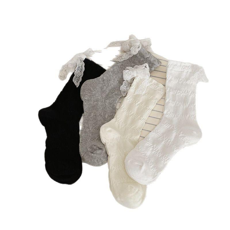 Female Spring and Summer Thin Cotton Solid Color Ballet Style Ribbon Bow Mesh Breathable Hose