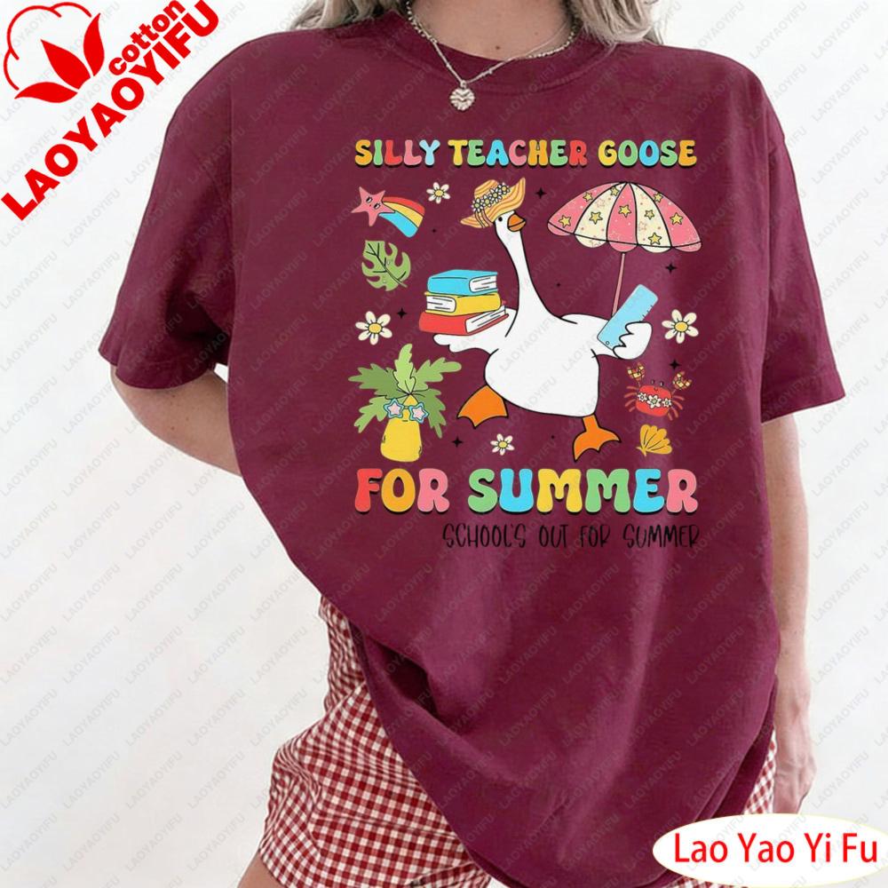 Cute Cartoon Duck Printt Shirt Colorful Graphic Print Tops Silly Teacher Goose on The Loose Summer Clothes Streetwear