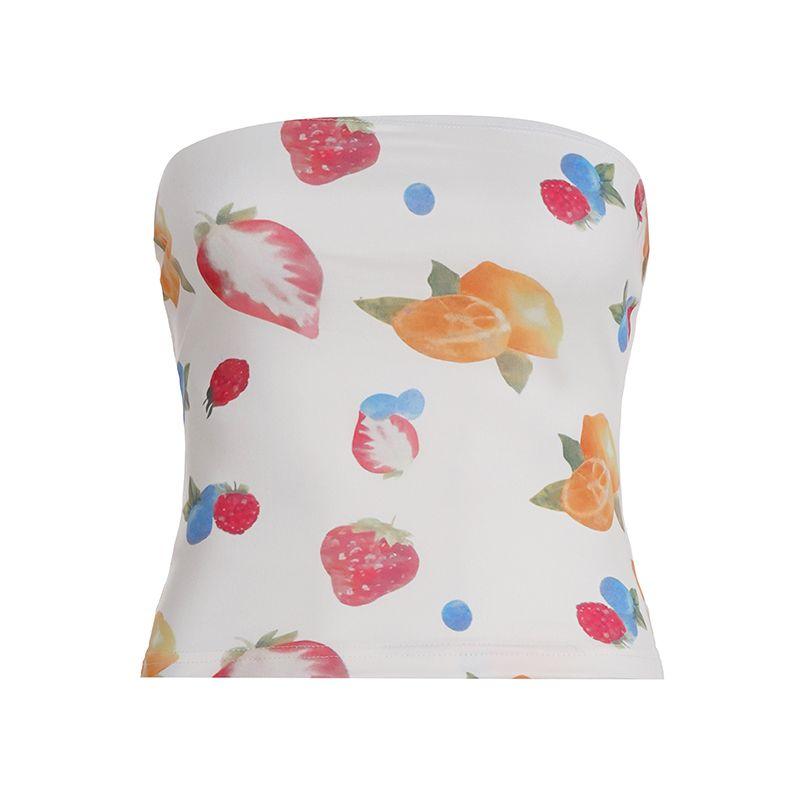 

H Home European and American Women s Clothing Honey Baby Series Strawberry Fruit Printed Tube Top French Minority Fun Open Back Sleeveless Tops Flower color(Main drawing) S