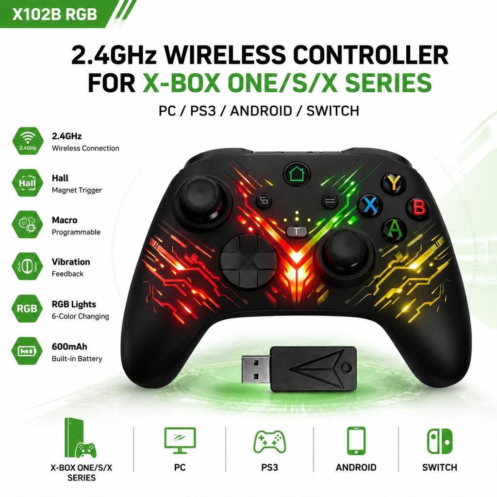 Xbox One/S/XSX Wireless Game Controller - PC, Android, Switch/P3 Compatible, Vibration & Lighting Features
