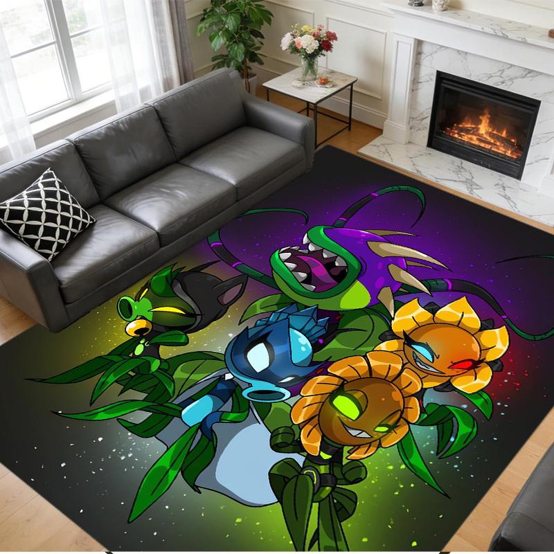 Anti‑Slip Crystal Velvet Floor Rug, Plants vs. Zombies Design Carpet for Indoor Living Bedroom Home Decoration