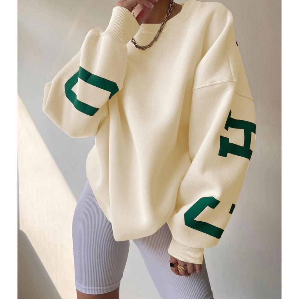Damen Crew-Neck Langarm Oversized Sweatshirt Lockerer Schnitt Winter Buchstabenprint Pullover Top