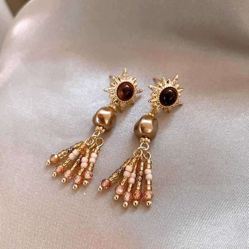 

Серьги-пусеты из жемчуга подсолнуха и рисовых бусин, средневековые винтажные серьги, модные серьги с темпераментом