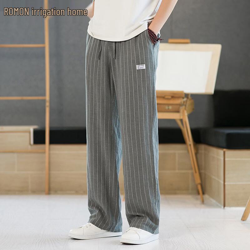 Romon Men s Linen Blend Striped Cropped Pants L