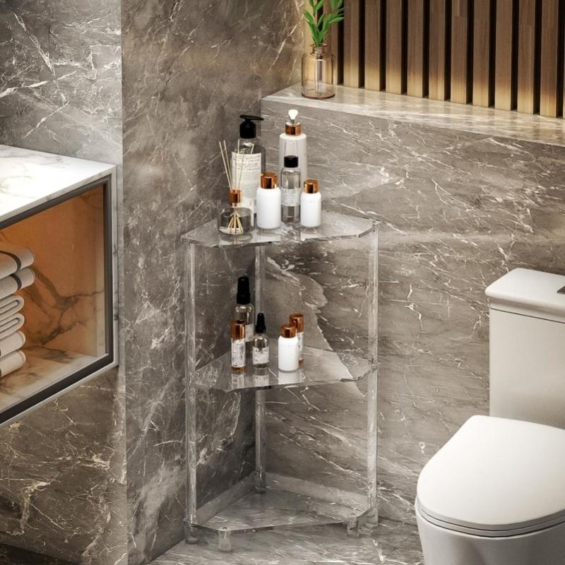 3 Tier Triangular Acrylic Corner Side Table Small Corner Side Table Bathroom Organizer Water Resistant End Table