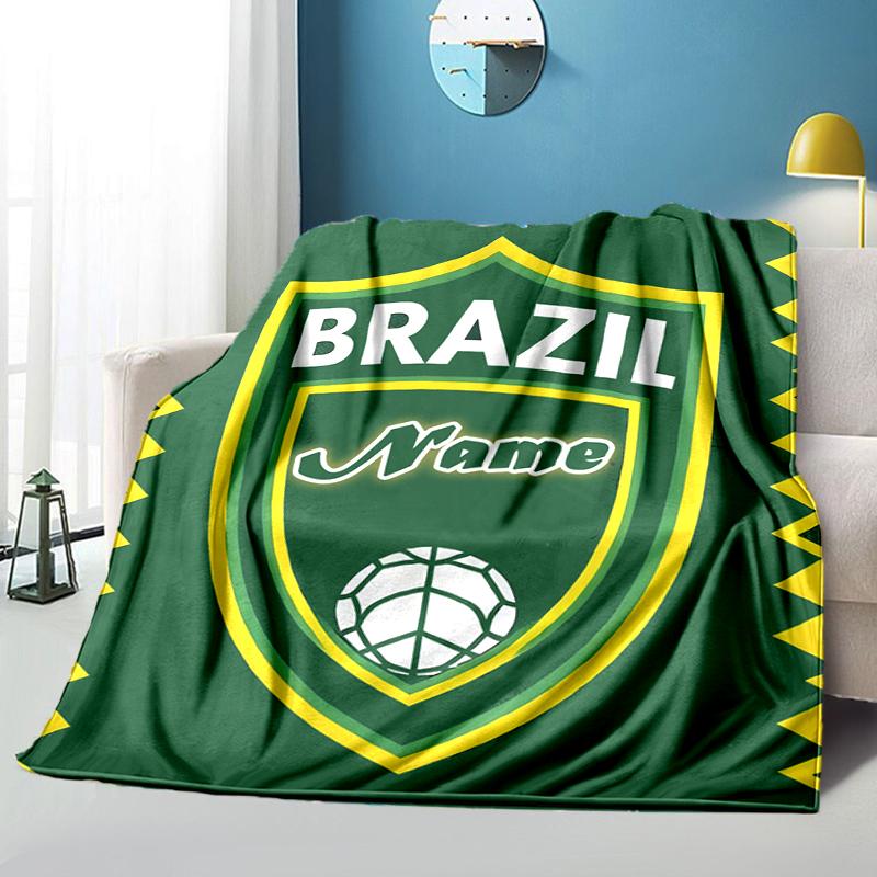 1PC Custom Name Brazilian Soccer Emblem outdooor Flannel blankets Throw Blanket All-Season Throw Gift Bedspread for Couch, Bed, Camping Holiday Birthd