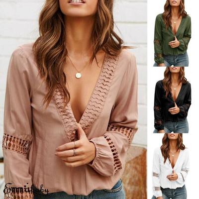 Sexy Tops Women Long Sleeve Loose T-shirt Summer Women Casual T-shirts V-neck Top Hollow-out Lantern Sleeve T-shirt