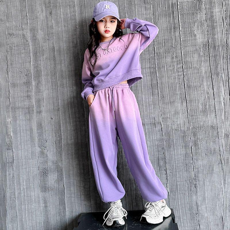 Lila Farbverlauf Hoodie und Jogginghose Set für Mädchen - Stylischer Frühjahrs-/Herbst-Freizeitanzug 2026