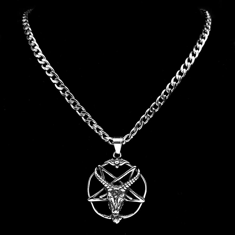 Gothic Skull Goat Pentagram 316L Stainless Steel Pendant Necklace for Women Men Silver Color Inverted Star Jewelry Amulet Gift