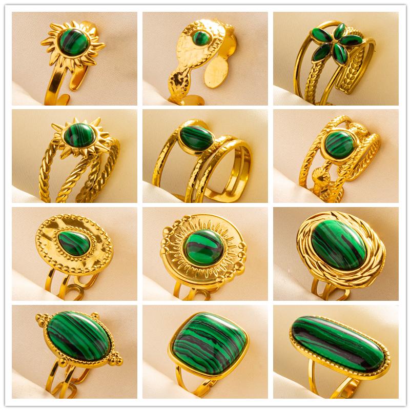 Green Striped Stone Vintage Gold Color Stainless Steel Open Adjustable Rings For Women Men Accessories Finger Jewelry Sun Flower