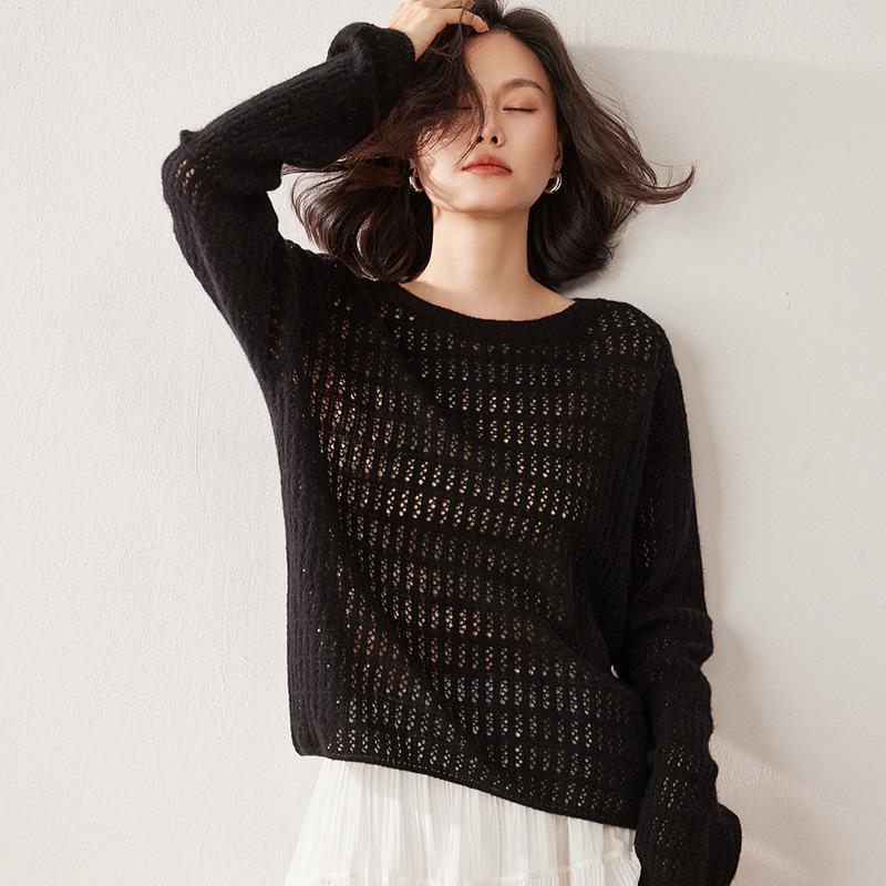 Lekasha Women's Summer Cashmere Hollow Knitwear: Long Sleeve Loose Casual Cover-Up
