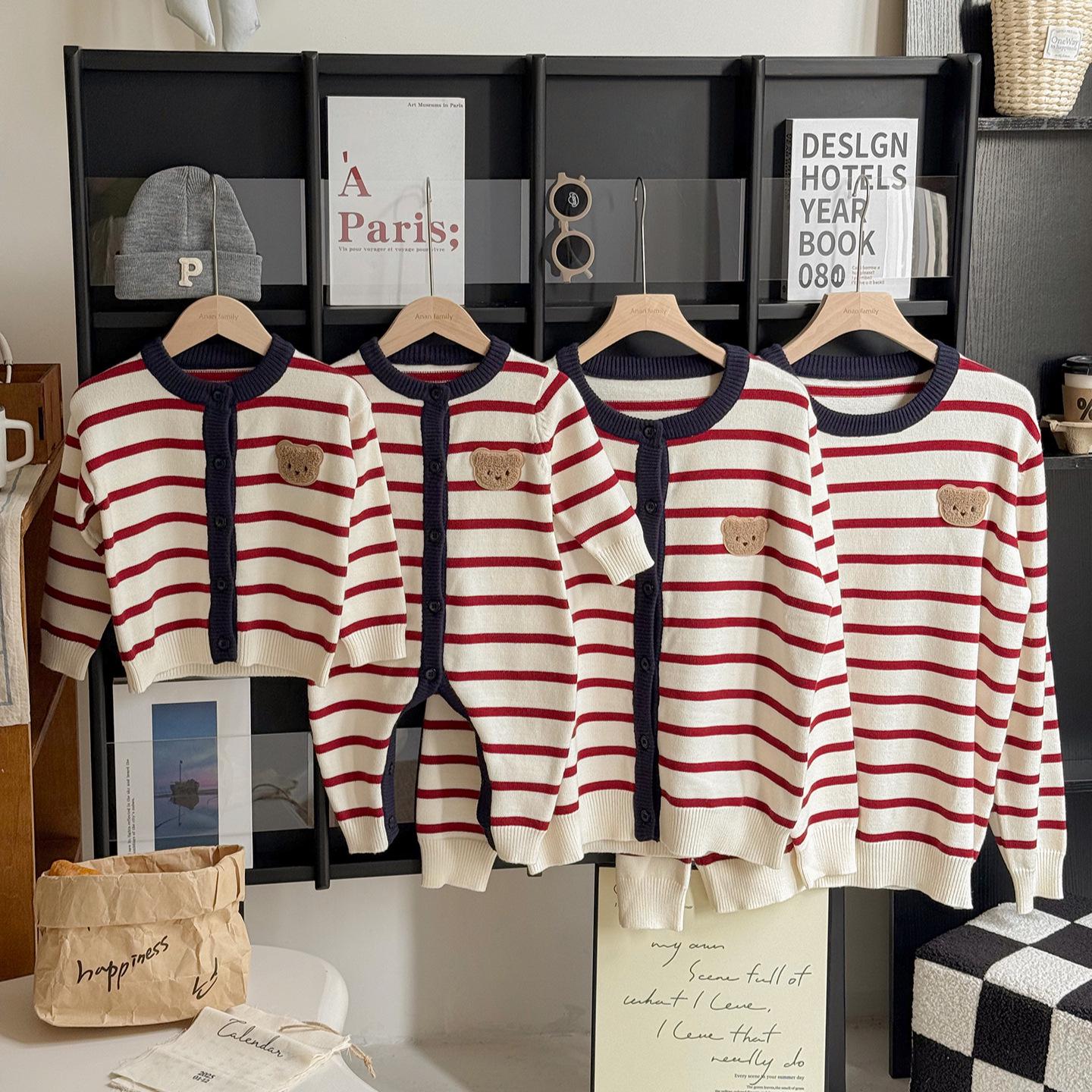 

Little Bear Family Knit Cardigan: Parent-Child Autumn/Winter Striped Sweater for Ages 0+. Child Top 140