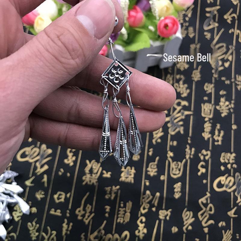 Miao Ethnic Silver Pendants  Handmade Hanfu Hairpin Accessories with Sesame Bells