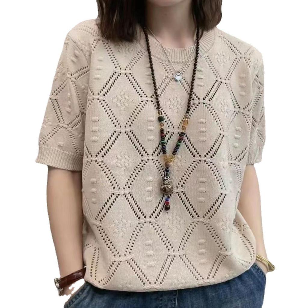 Spring and Summer Hollow Loose Knitted Top for Women Round Neck Casual Short Sleeve T-shirt for Women