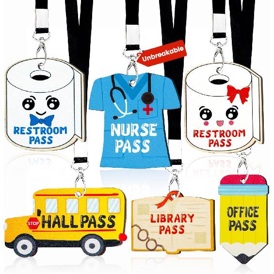 Classroom Hall Passes for Teacher, 6 Pcs Durable Bathroom Pass Lanyards for Students Management, School Supplies for Restroom Library Office and чёрный