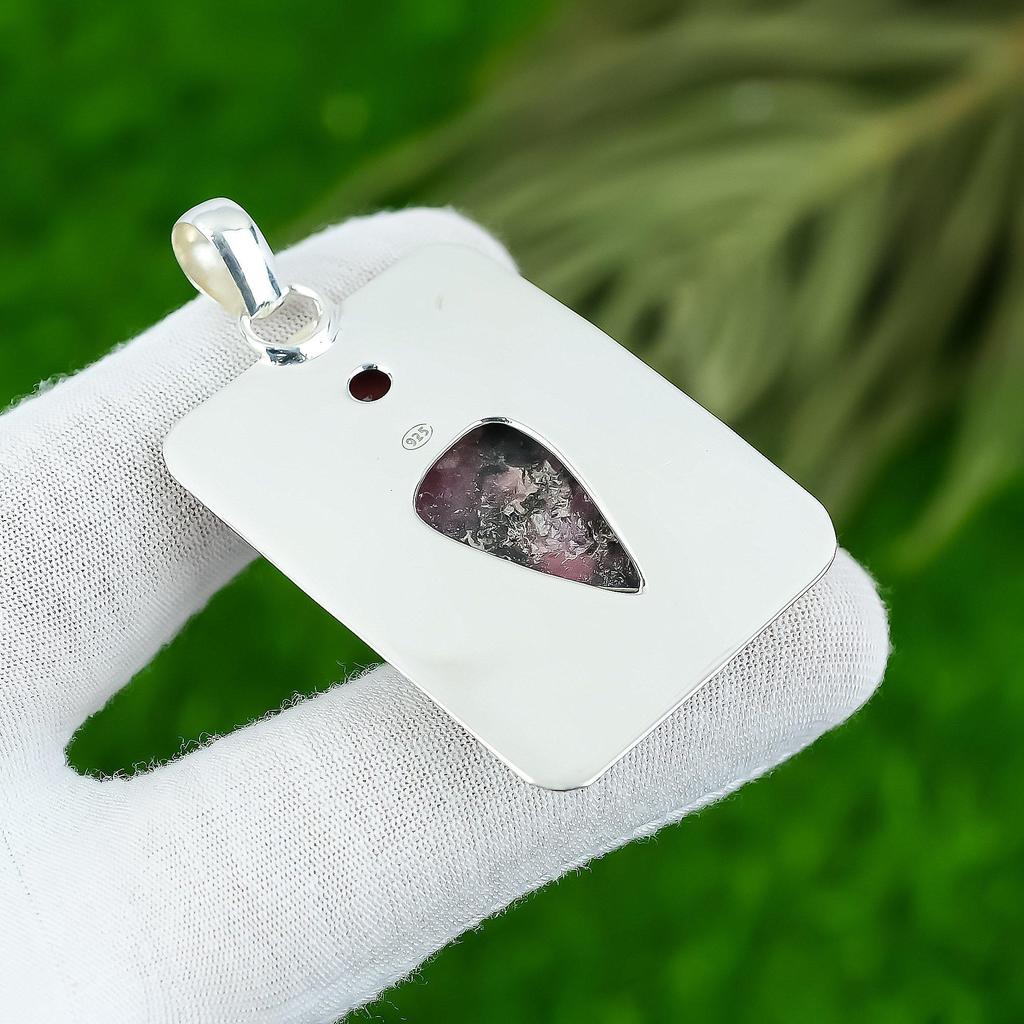 Anniversary Gift For Her Natural Rhodonite Gemstone Pendant 925 Sterling Silver