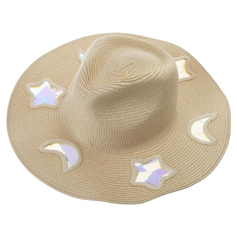

Bohemian Suncatchers Hat With Diffraction Patterns Reflective Star Moon Cutouts On Handwoven Straw Sun Hat For Outdoor
