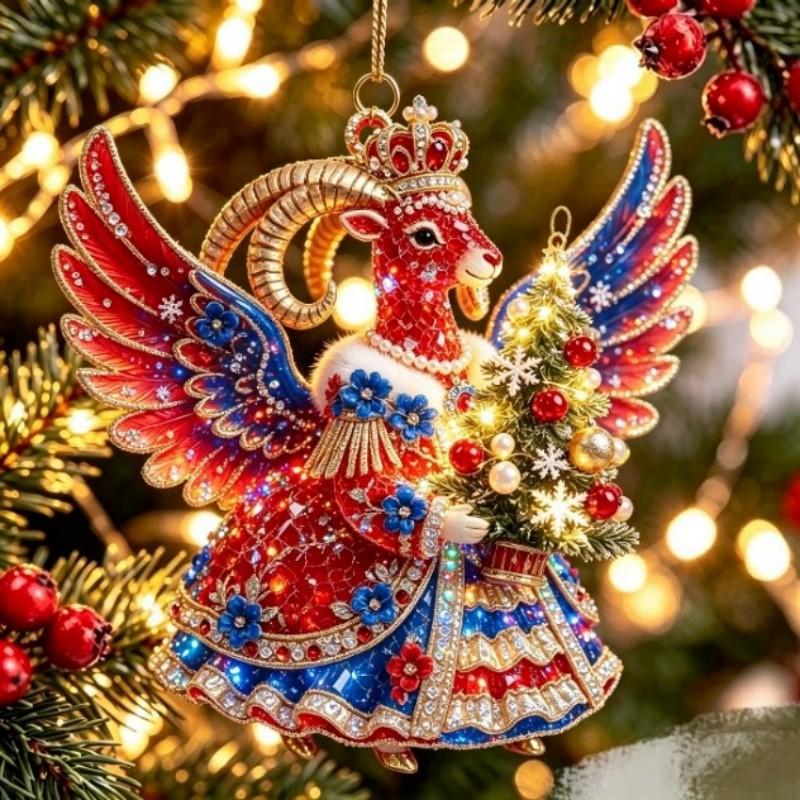 2D Flat Acrylic Hanging Ornament Red Gold Winged Goat Acrylic Pendant Christmas Tree Decoration Lunar New Year Holiday Gift