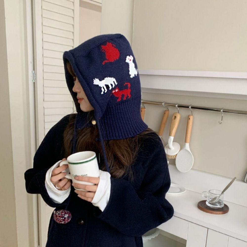 Kitten Jacquard Balaclava Hat Pullover Hat Winter Cap Fashion Ear Protection Hat  Outdoor
