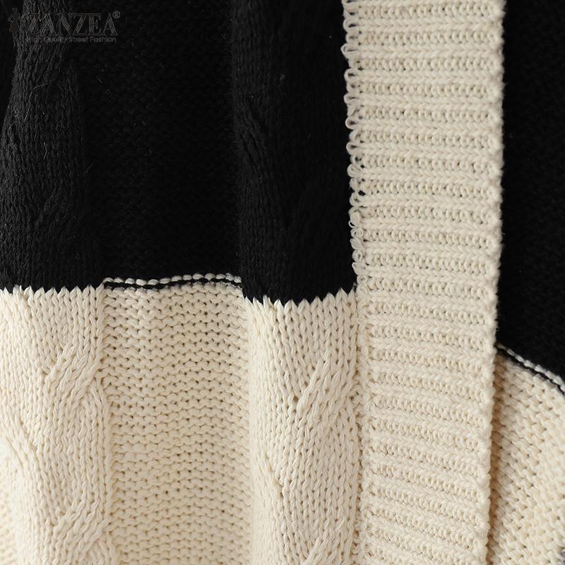 ZANZEA Autumn Winter Women Long Sleeve Patchwork Open Front Casual Loose Sweater Knitwear