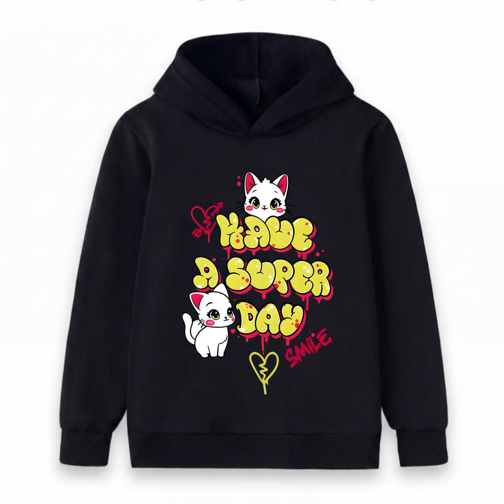 Kids Boys Girls Pullover Hoodie, Cute White Cat Graffiti Print 'Have A Super Day' Casual Soft Long Sleeve Hooded Sweatshirt for Daily Warm Wear