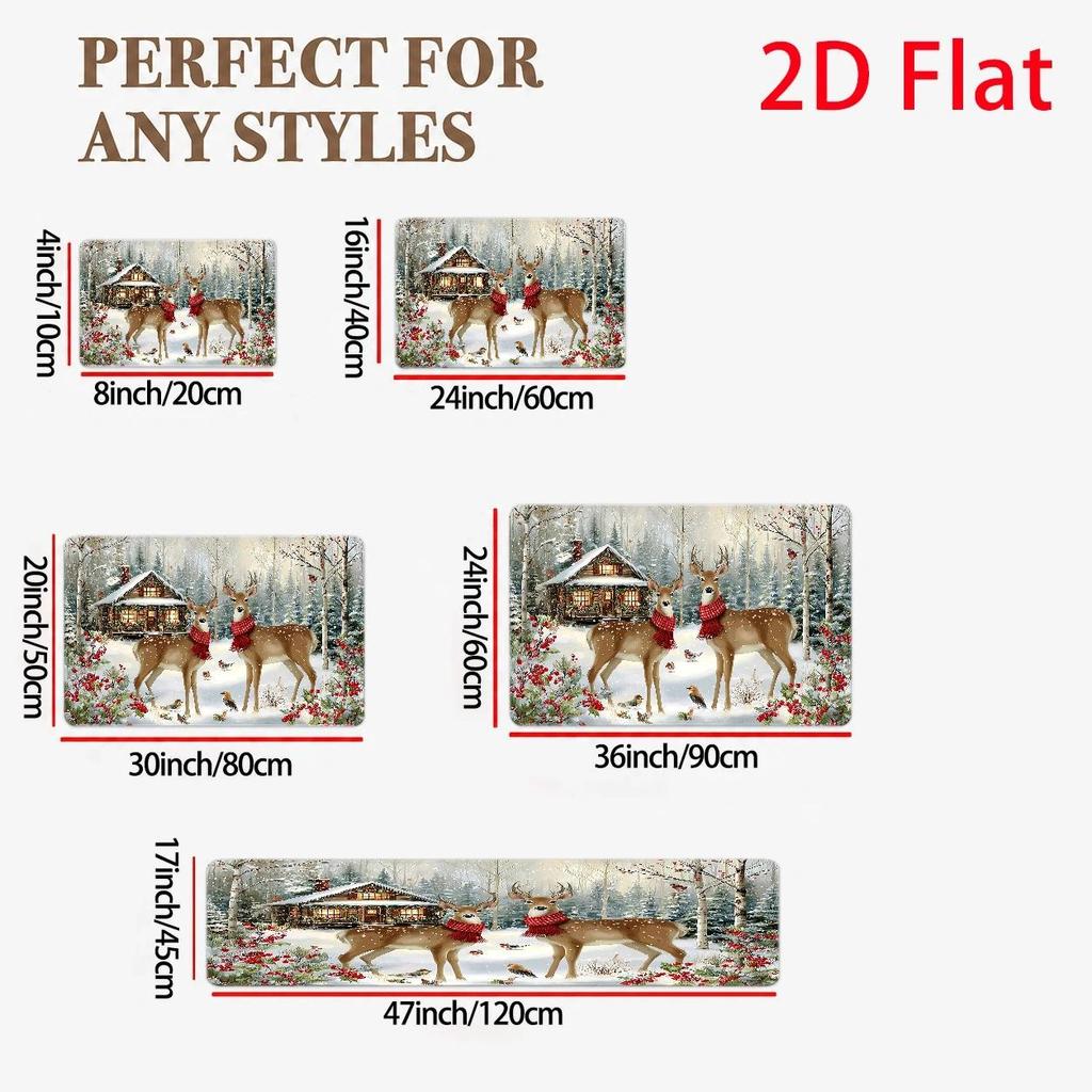 Festive Winter Woodland Deer Rug Carpet Mat Polyester Throw Rug for Christmas Holiday Home Decor Rustic Cabin Living Room Entryw