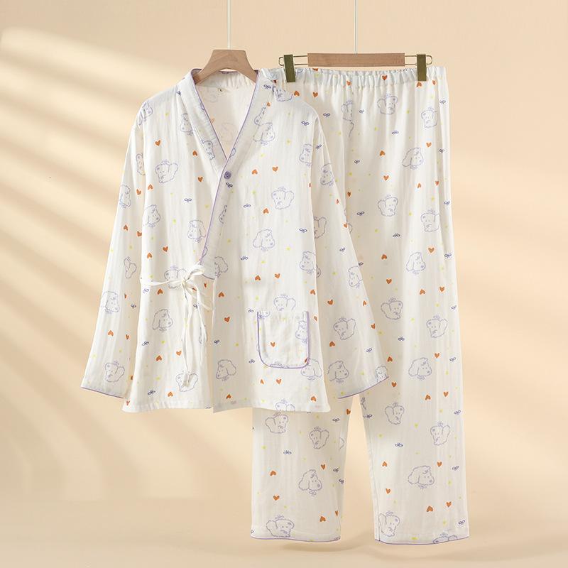 New cotton gauze cute teddy confinement suit spring and autumn summer thin pregnant women postpartum breastfeeding pajamas cover