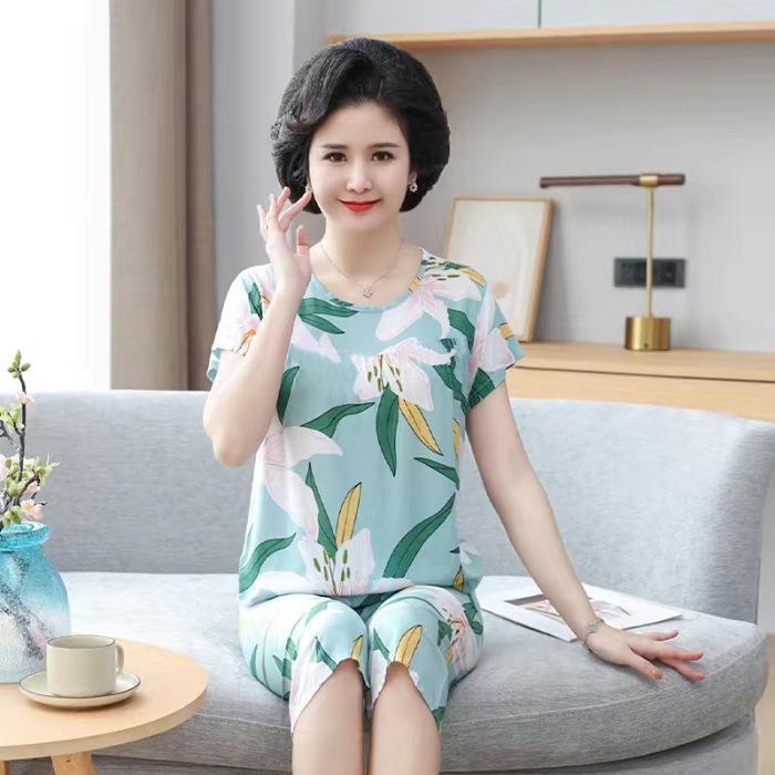 Ice Silk Suit Pajamas Women's Summer Short-sleeved Middle-aged Casual Wear Can Be Worn Outside Mother's Thin Two-piece Set