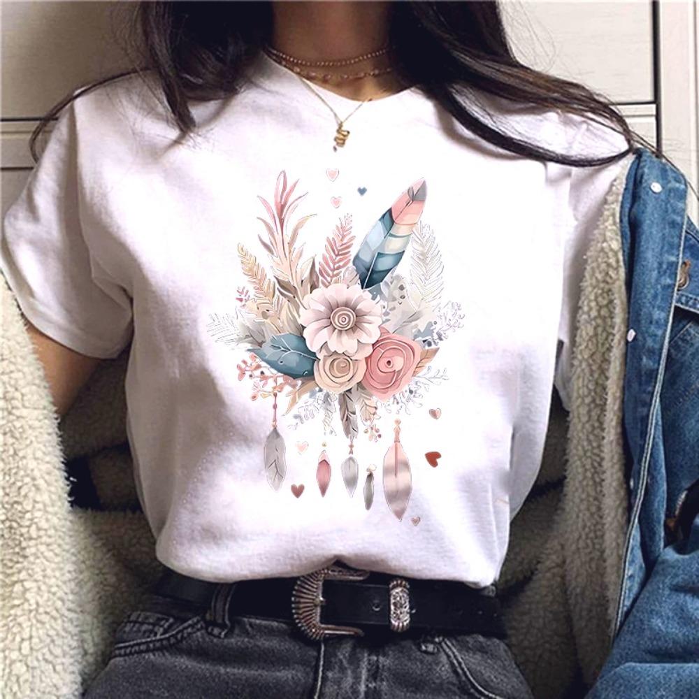 

2026 Hot Sale Art Flower Feather Print T-shirt Short Sleeve Crew Neck Casual Summer Spring Women s Fashion Y2k Clothing Top Tee XL