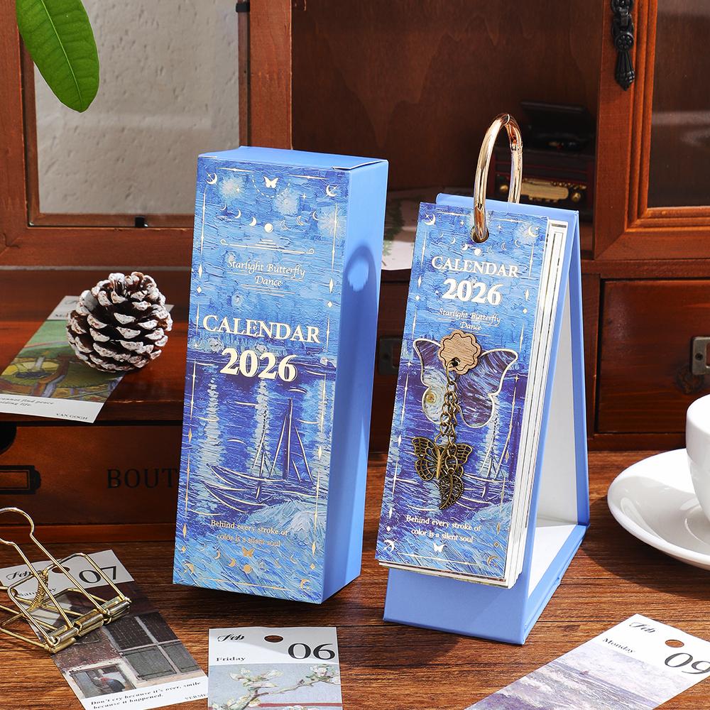 2026 Inspirational Daily Calendar Painting Desk Calendar,Office Desk Decoration with Gold Ring Decoration for Planning,calendar