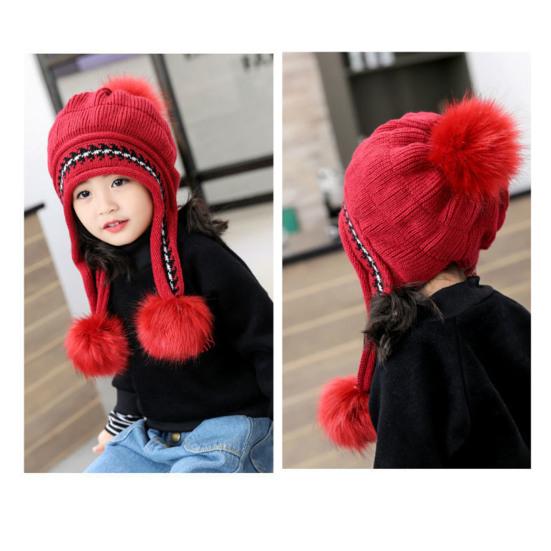 3-12 Years Autumn Winter Kids Beanie Hairball Solid Color Thickened Fleece Lined Jacquard Baby Girls Knitted Hat for Outdoor
