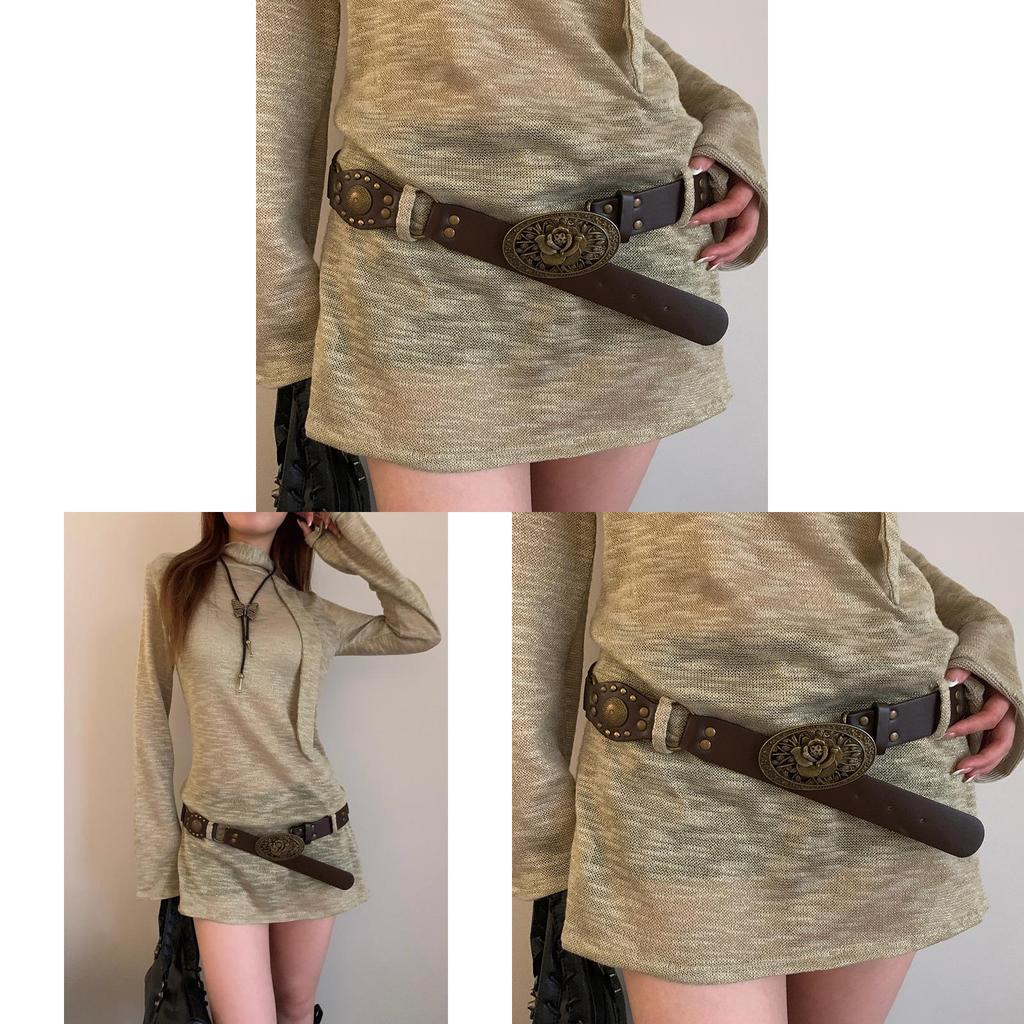 Vintage American Denim Leather Belt For Women With Metal Buckle Fashion Waist Accessory
