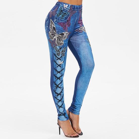 Kadın Yüksek Bel Kelebek Baskılı Bağcıklı Pantolon Esnek Koşu Spor Pantolonu