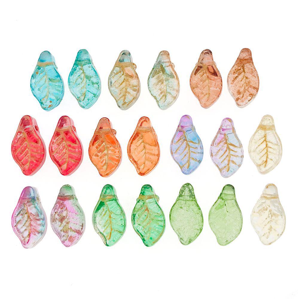 Set of 20 Colorful Transparent Glass Leaf Charms with Gold Edging for DIY Bracelets, Necklaces, and Accessories
