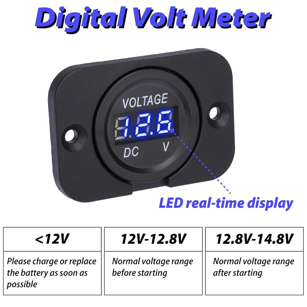 Car Battery Voltage Meter, Waterproof DC 12V 24V Digital Volt Meter, 12v Battery Monitor with LED Digital Display, Round Voltage Gauge for Car Truck