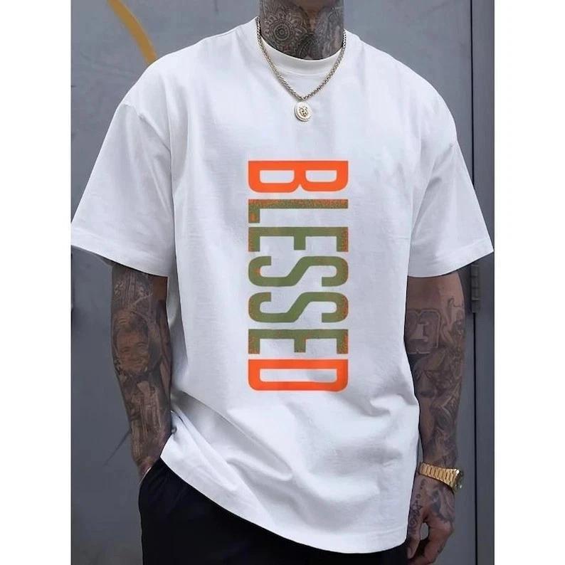

Blessed Shirt Vertical Text Graphic Tee Men Streetwear Casual T-Shirt S