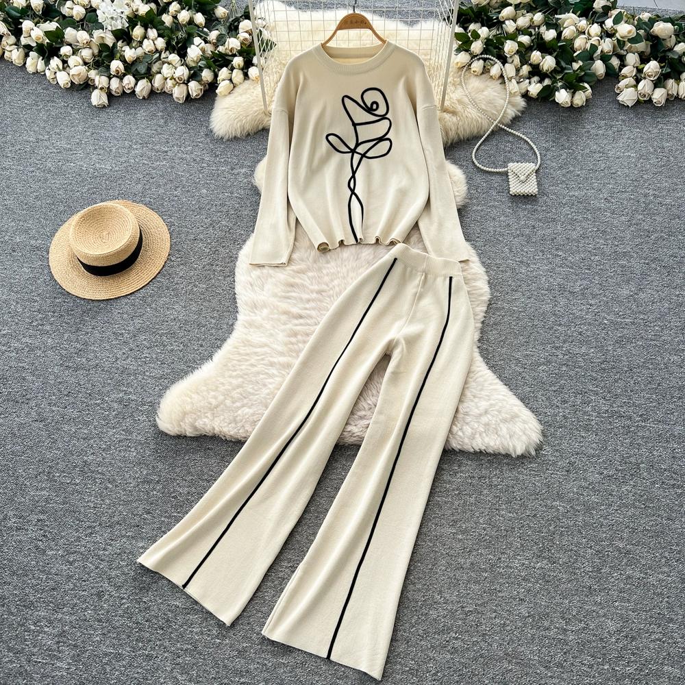 

Осенне-зимний женский повседневный вязаный свитер и брюки, комплект из двух предметов, с длинным рукавом, с цветочным пуловером, топ и брюки с широкими штанинами, спортивный костюм One Size абрикосовый