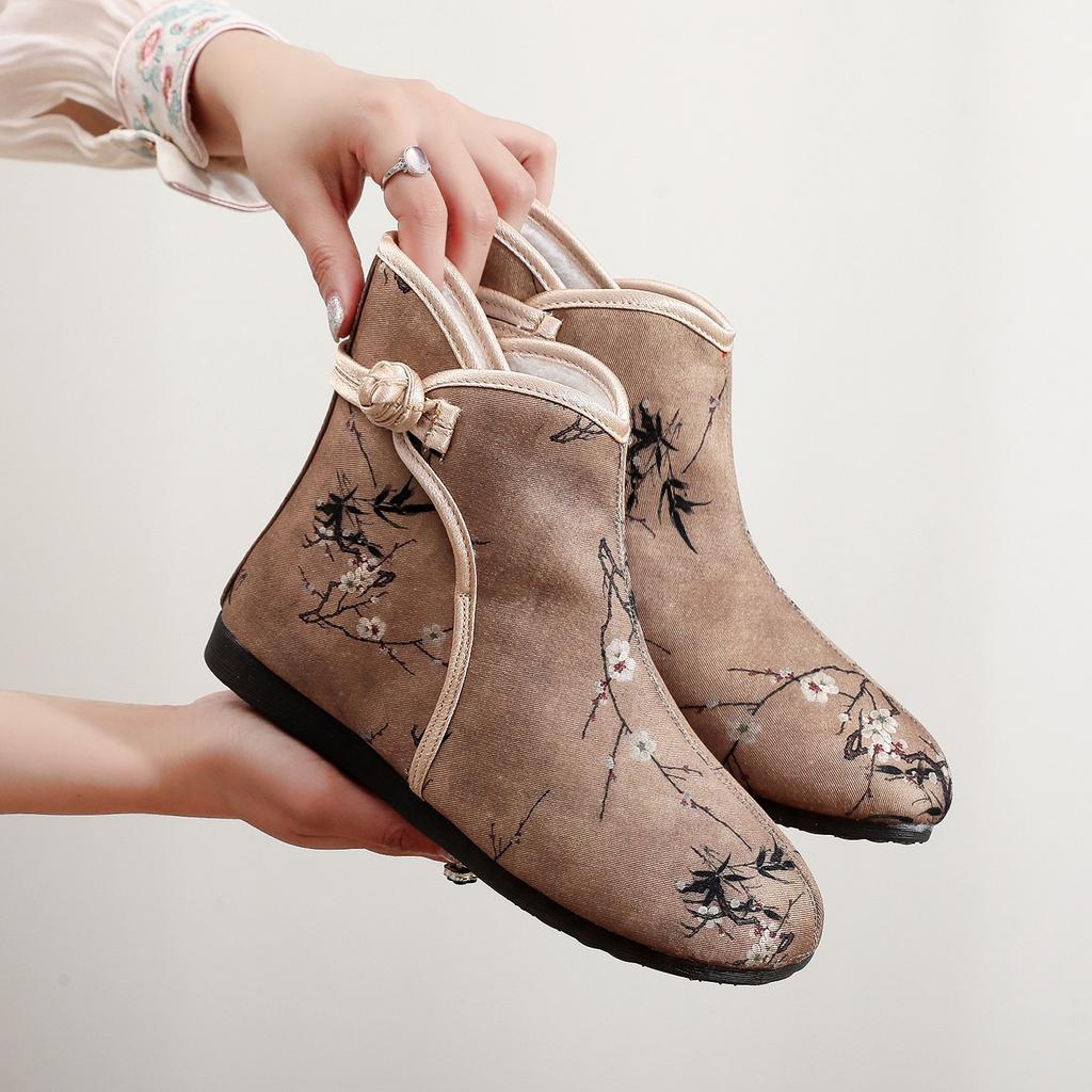 [Junzhu] 2024 invierno nuevo Hanfu antiguo botas de algodón elemento Han aumento de altura interno estilo nacional estampado bordado zapatos de mujer
