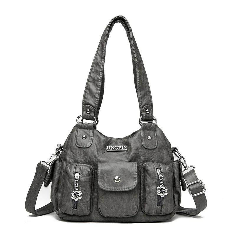 Retro Leather Female Multi-pockets Shoulder Crossbody Bags for Women Mother 2 Layers Large Capacity Handbag Messenger Tote Bag