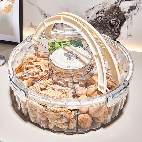 Dry Fruit Plate Rotating Snack Tray with Lid Handle 6-Compartment Divided Serving Platter Indoor Outdoor Dishwasher Safe Snack Server