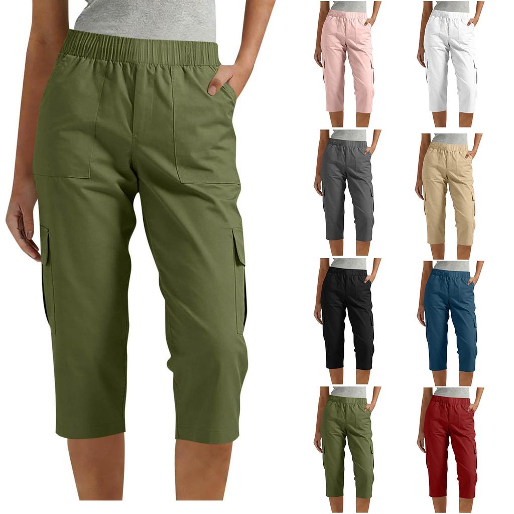 Casual Outdoor Cargo Broek met Elastische Taille en Zakken Relaxte Pasvorm Zeven Achtste Lengte Lichte Broek voor Wandelen Reizen Werk