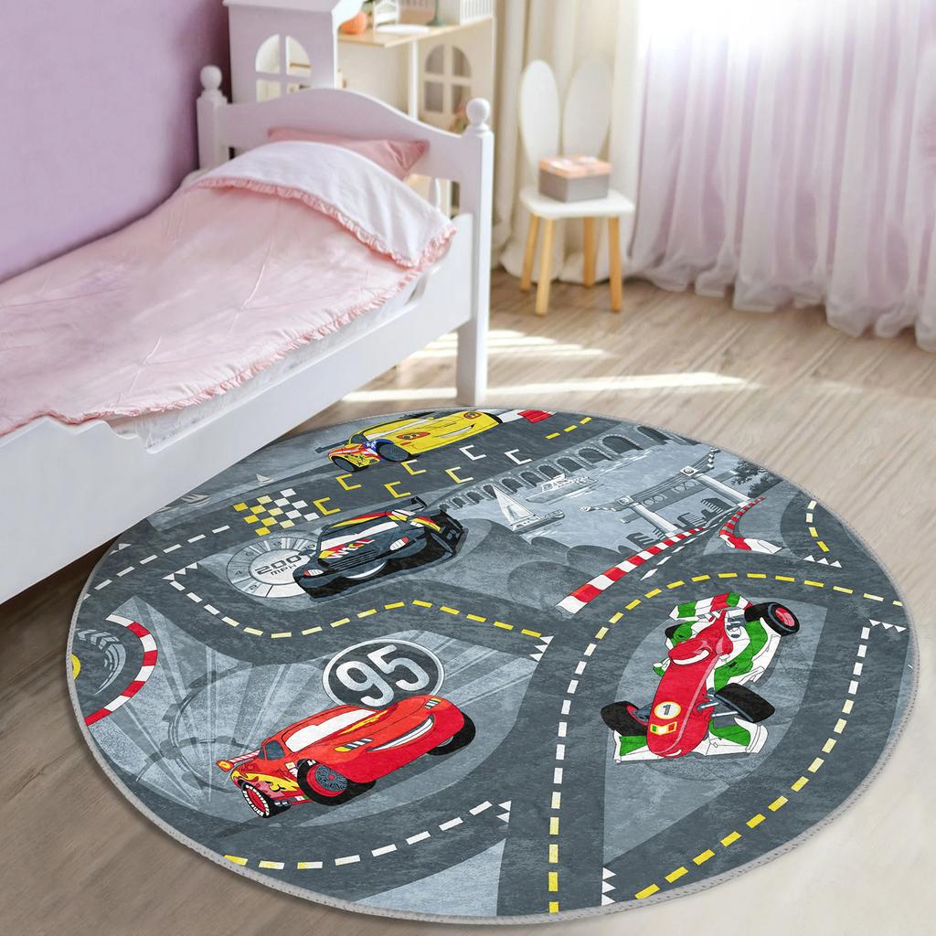 Cars Nursery Rug Cartoon Playmat for Kids Room Race Toddler Round Carpet Track Non Slip Activity Rug Formula Playroom Rug