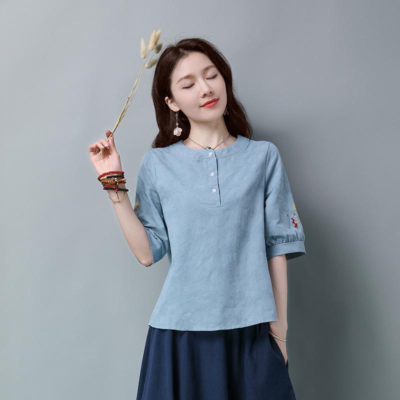 Women s Cotton Jacquard Casual Loose Fit Round Neck T-shirt with Five-point Sleeves, Plus Size, Summer Versatile Top M