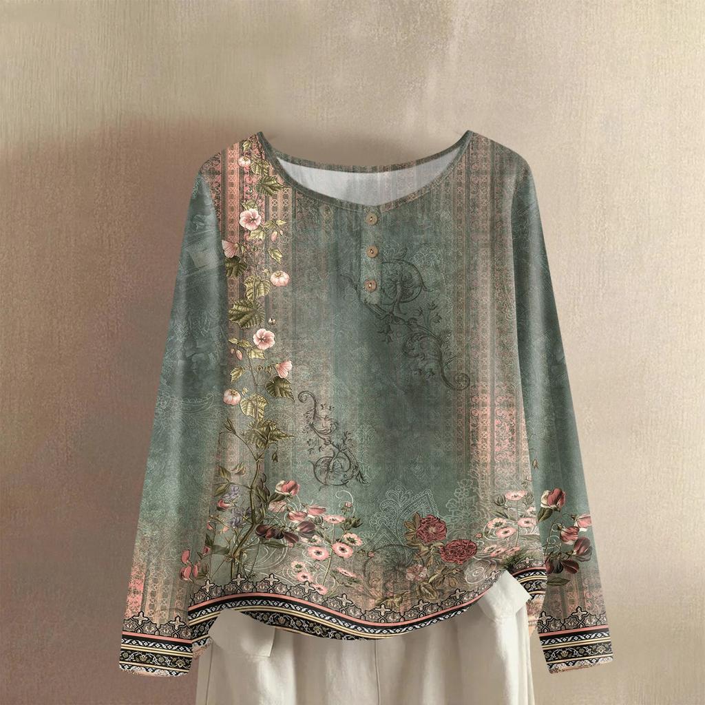 Women's Fashionable And Casual Shirt Long Sleeve Round Neck -color Cotton And Linen Blouse Top