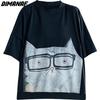 DIMANAF 2023 Plus Size Summer Women T-Shirts Cartoon Cat Print Tops Tunic Tees Shirt Oversize Bat Loose Casual Green