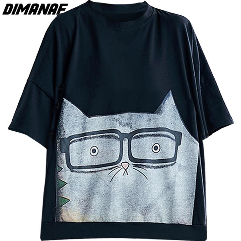 DIMANAF 2023 Plus Size Summer Women T-Shirts Cartoon Cat Print Tops Tunic Tees Shirt Oversize Bat Loose Casual Green