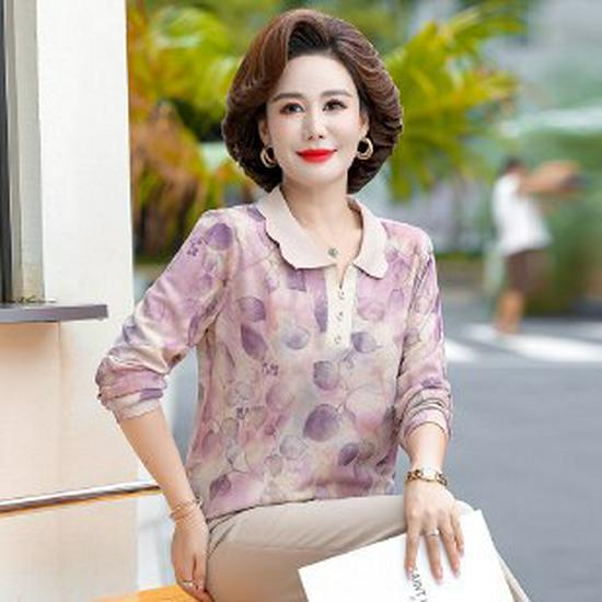 Spring Lapel T-Shirt for Middle-aged & Elderly Women - Long-sleeved, Stylish Base Shirt for Spring & Autumn 2XL фиолетовый